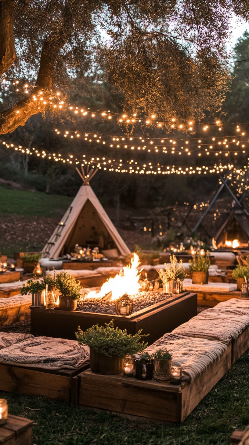 A rustic outdoor wedding setup featuring wooden benches, a large fire pit adorned with fairy lights, and cozy tents in the background, all set against a sunset sky.