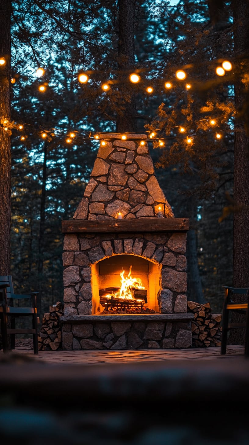 A cozy outdoor stone fireplace surrounded by string lights and trees, with a warm fire inviting people to sit and relax.