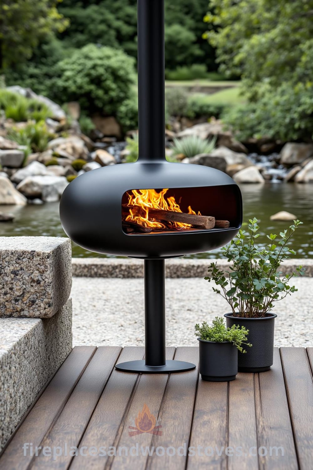 Scandinavian outdoor barbecue on a wooden deck with sleek lines, natural stone accents, and flickering flames, surrounded by potted herbs, creating a cozy and inviting atmosphere. Visit fireplacesandwoodstoves.com for unique decor ideas and inspirations for your home.