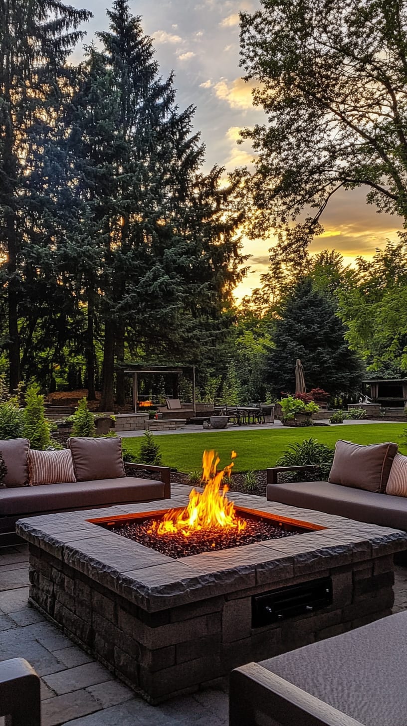 A cozy outdoor setting featuring a stone fire pit surrounded by comfortable seating, with lush greenery and a beautiful sunset in the background.