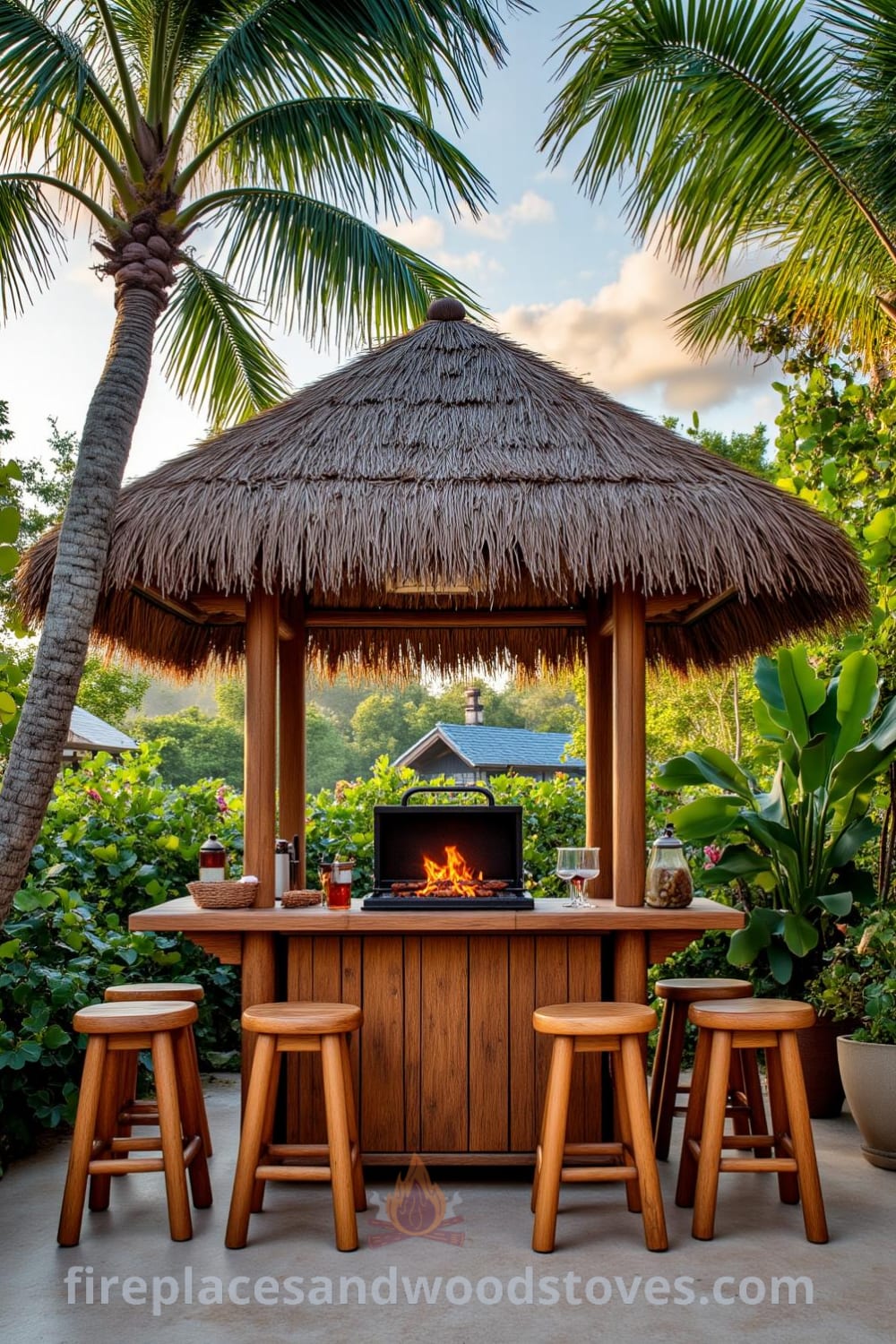 Tropical tiki outdoor barbecue with a palm-thatched roof in a sun-drenched garden, warm light flickering, surrounded by palm trees and vibrant foliage, creating inviting and cozy decor ideas for gatherings at fireplacesandwoodstoves.com.