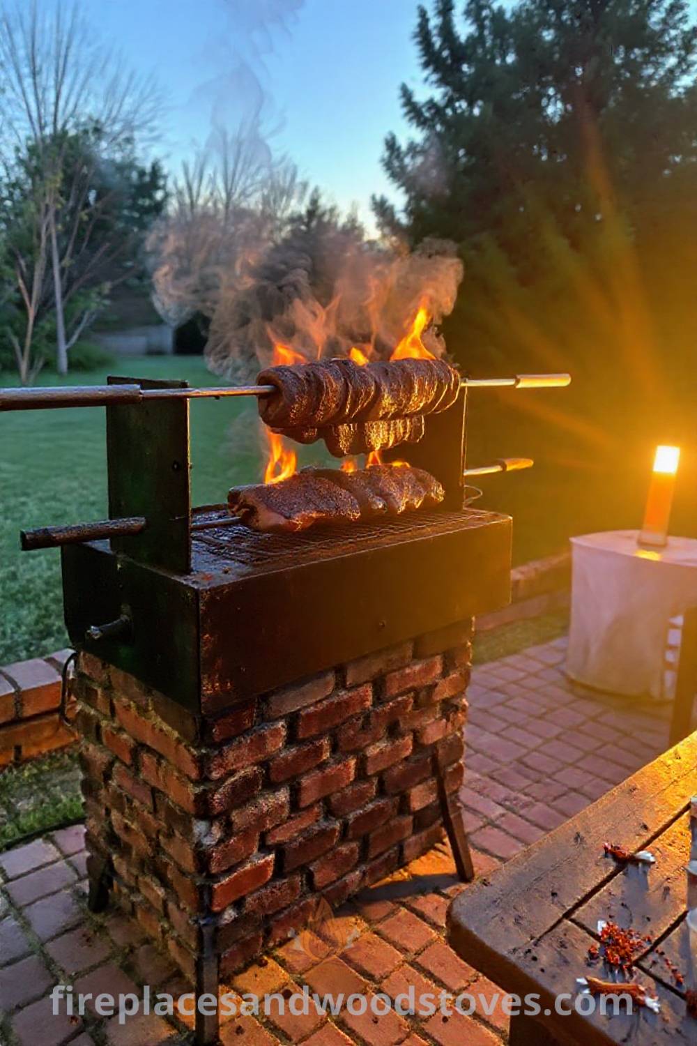 Spit BBQ on a brick patio with flames cooking seasoned meat, surrounded by herbs and spices on a wooden table, showcasing cozy outdoor vibes perfect for gatherings. Visit patioandhomefurniture.com for inspiring ideas that will wow your guests.