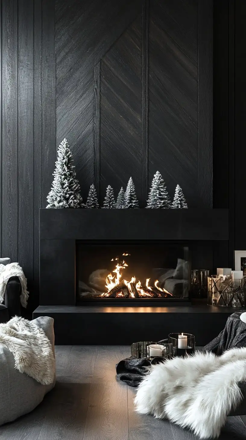 A modern living room featuring a black wood panel wall, white Christmas trees, and a cozy white fur blanket on a sofa, creating a warm festive atmosphere.