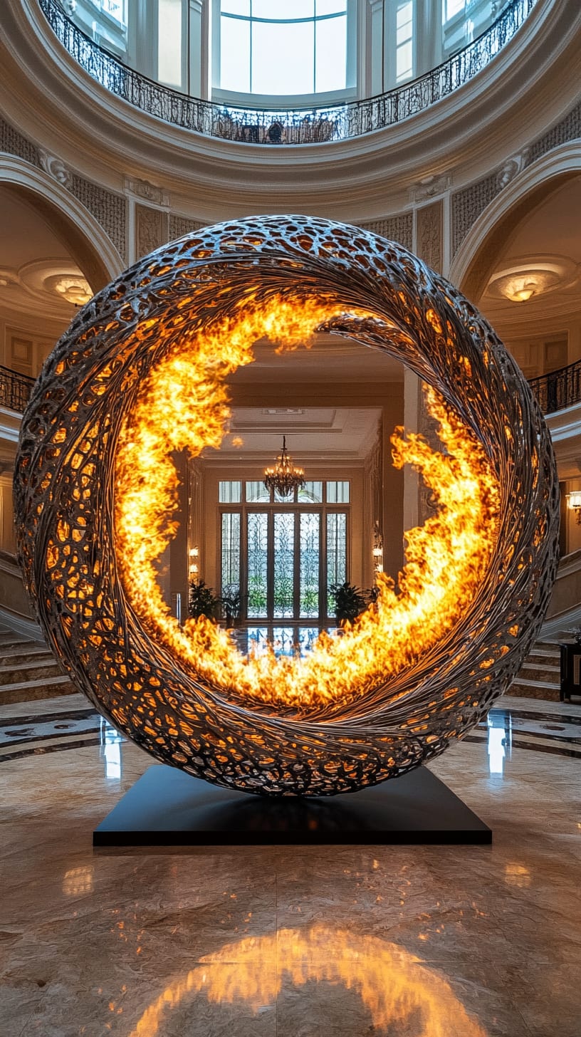 A large circular sculpture made of woven vines and glowing fire placed in an elegant hotel lobby, illuminating the space with a warm glow.