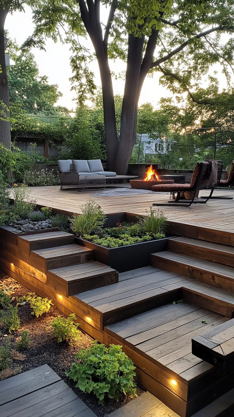 A beautiful wooden terrace with a fire pit, seating area, and surrounding greenery, illuminated by warm ambient lighting during sunset.