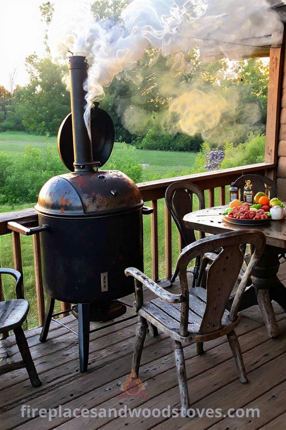 A well-used barbecue smoker on a wooden deck, surrounded by colorful vegetables and mismatched chairs, creating a cozy outdoor cooking atmosphere ideal for gatherings. Visit patioandhomefurniture.com for stylish ideas that will wow your guests.