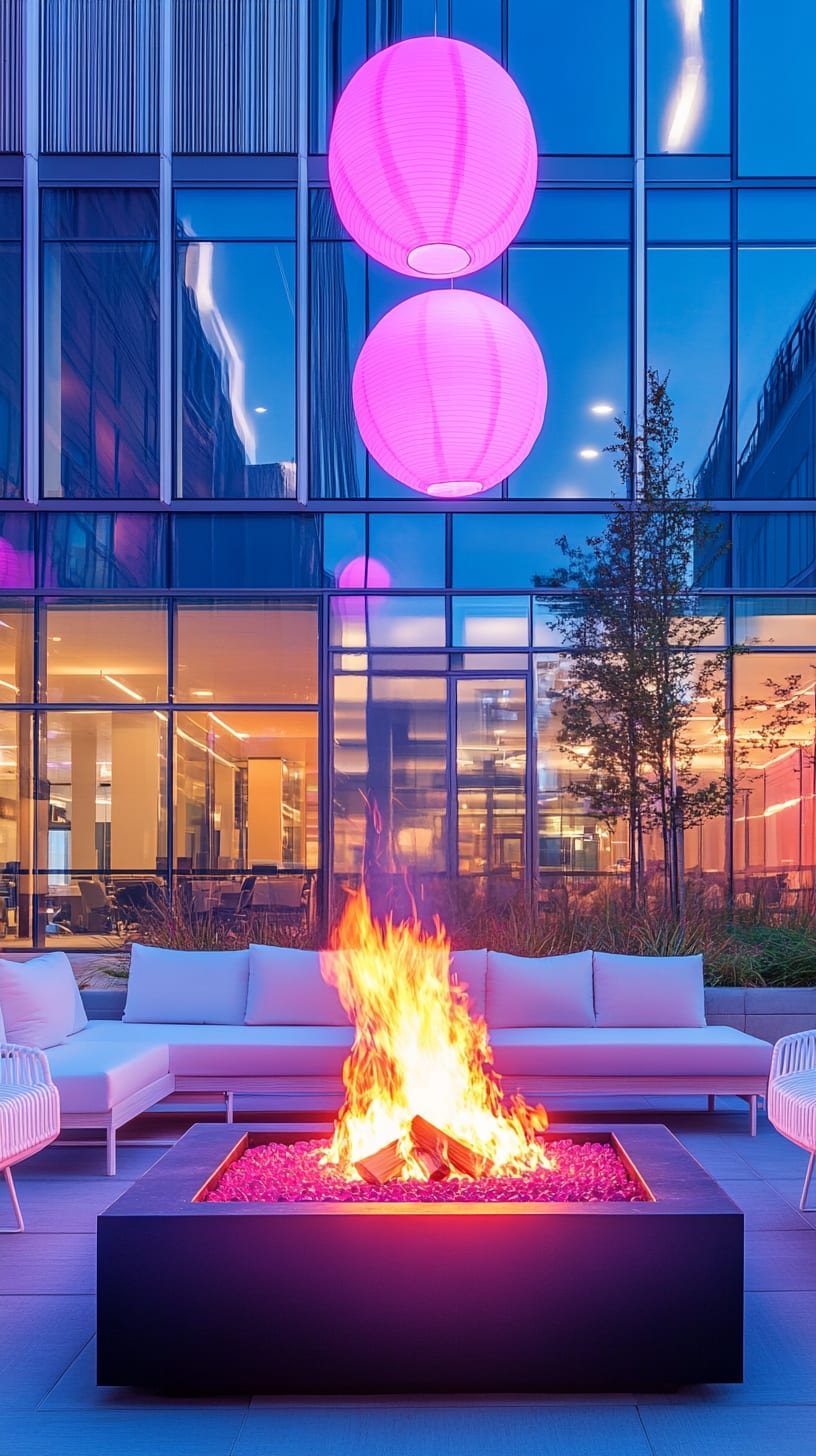 A large outdoor fire pit with pink and purple neon lights, surrounded by modern white seating, colorful paper lanterns, and glass walls of an office building at dusk.