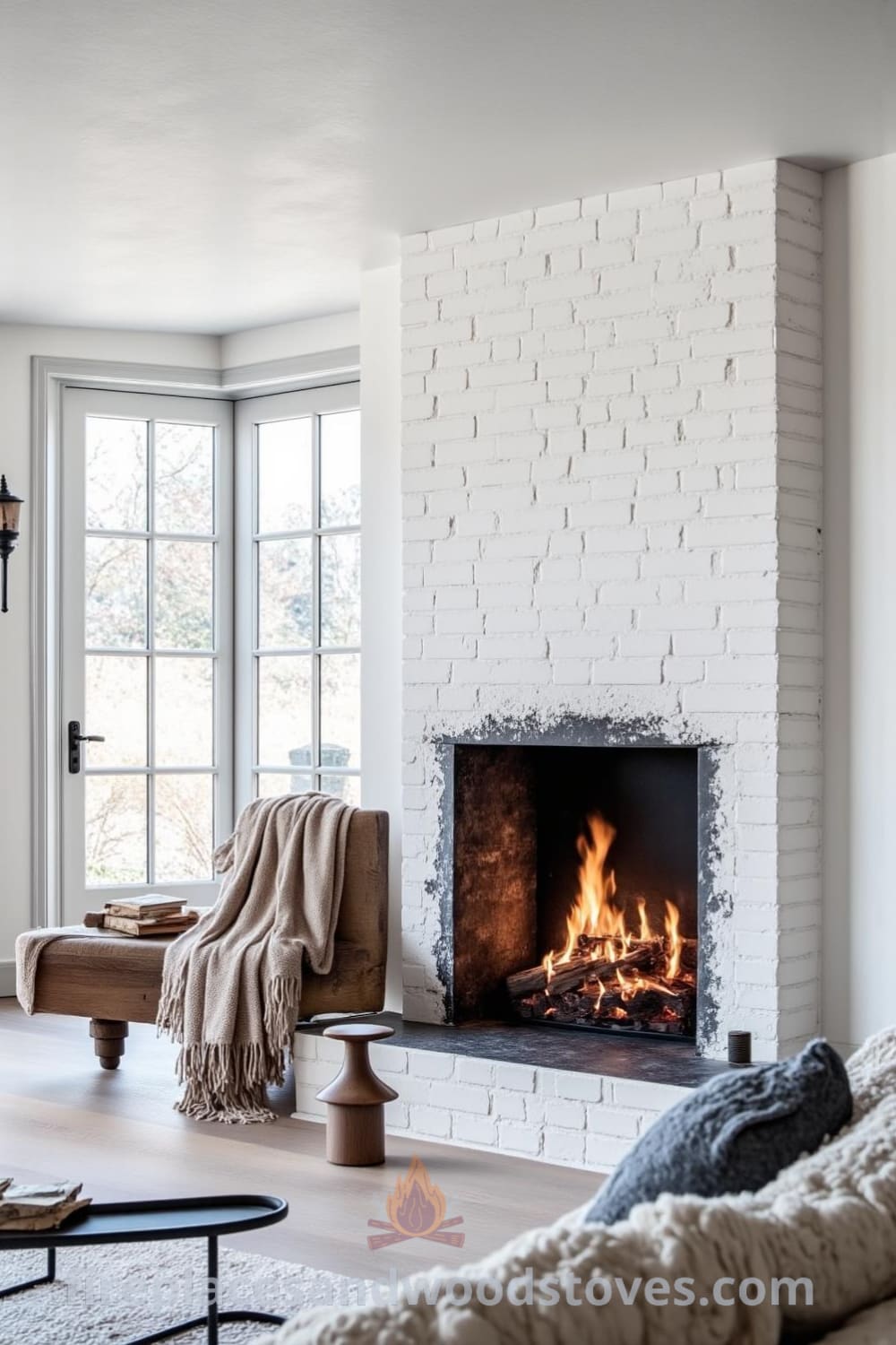 Scandinavian whitewashed fireplace in a cozy living room with natural light, textured bricks, and inviting throws, showcasing design ideas for a cozy home at fireplacesandwoodstoves.com.