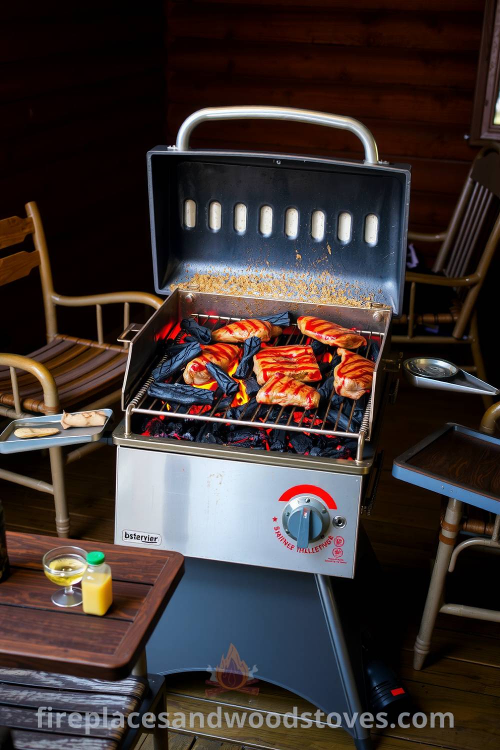 Cozy barbecue grill on a wooden deck with glowing coals, surrounded by mismatched chairs and a rustic table filled with condiments, creating a warm and inviting outdoor gathering scene for summer. Visit fireplacesandwoodstoves.com for more cozy home decor ideas.