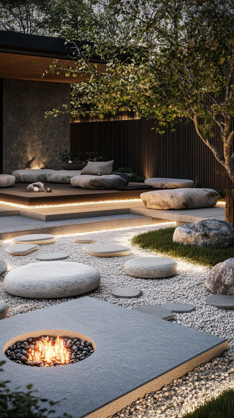 A serene Zen garden featuring white pebbles, lush greenery, a central fire pit, and concrete seating, creating a tranquil outdoor oasis.