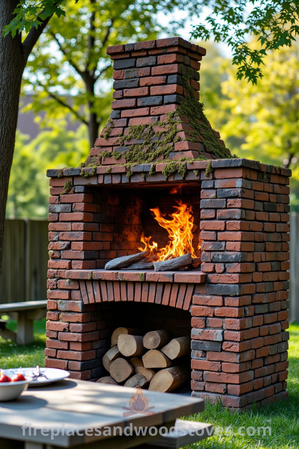 Traditional brick outdoor barbecue in a sunlit yard with flickering flames, surrounded by grassy areas and a weathered picnic table, illustrating cozy ideas for outdoor gatherings, perfect for enhancing your home’s inviting atmosphere. Visit fireplacesandwoodstoves.com for more decor ideas.