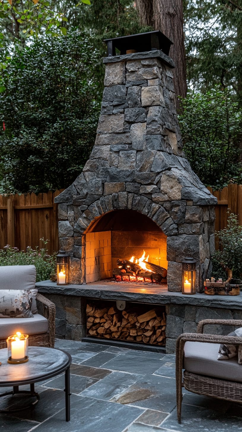 A cozy outdoor setting featuring a stone fireplace surrounded by comfortable seating, candles, and trees, set during evening time with warm lighting.