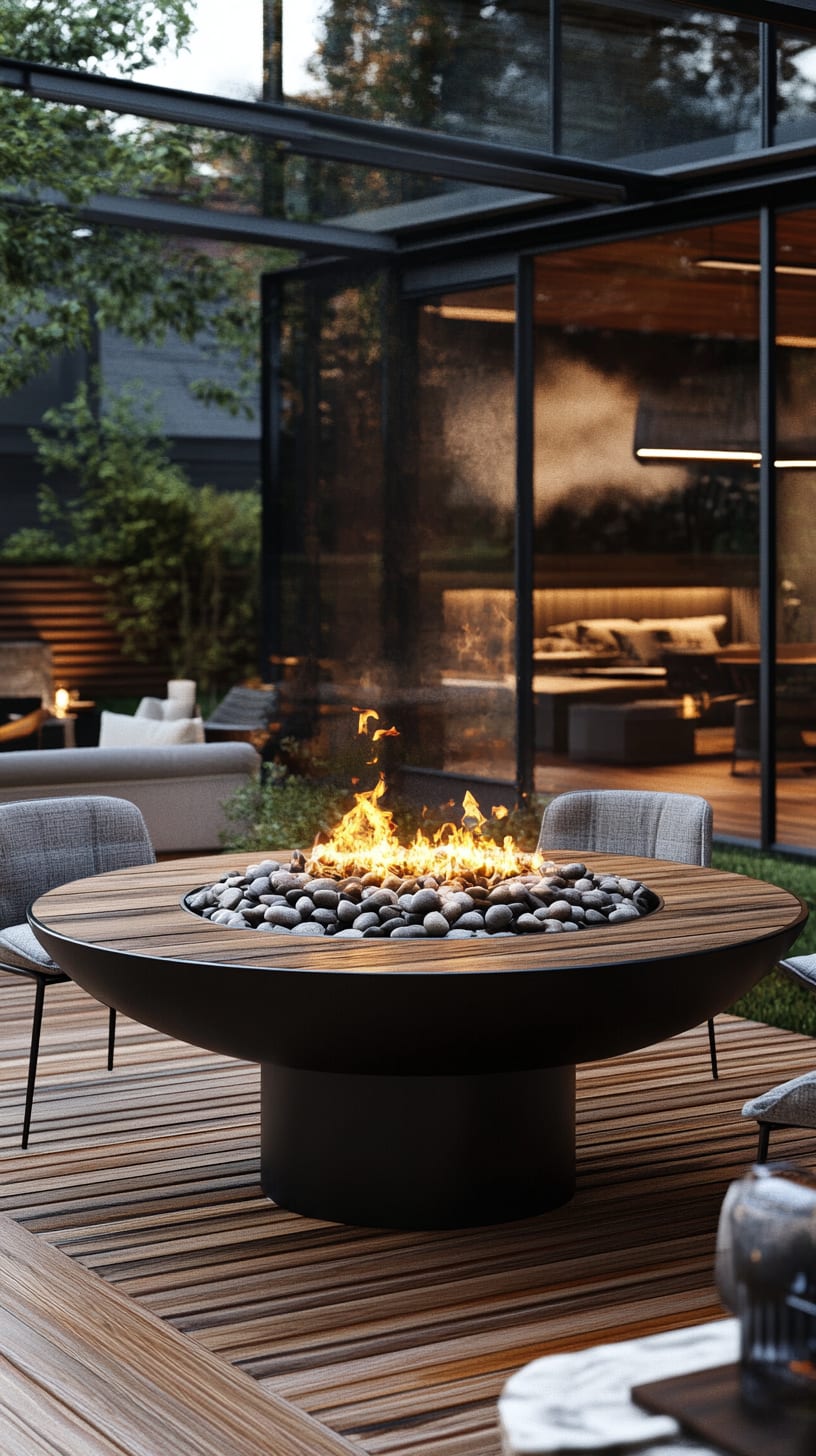A modern outdoor space featuring a circular fire pit with a black metal frame and wooden base, surrounded by pebbles and comfortable seating, with glass walls revealing a bright kitchen in the background.