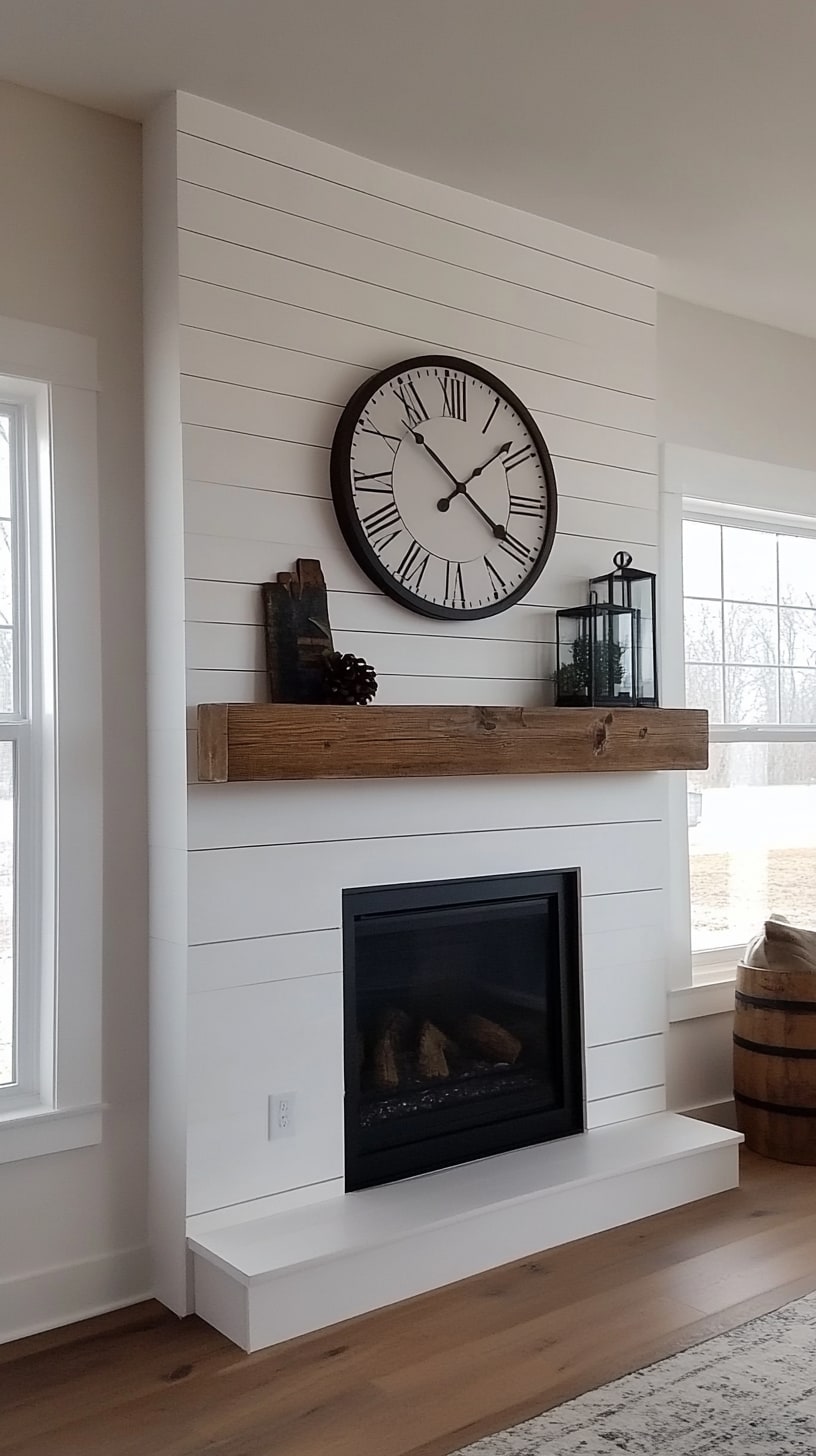 A white shiplap fireplace wall with a dark wood shelf and clock above the gas fireplace, set in a farmhouse-style home interior.