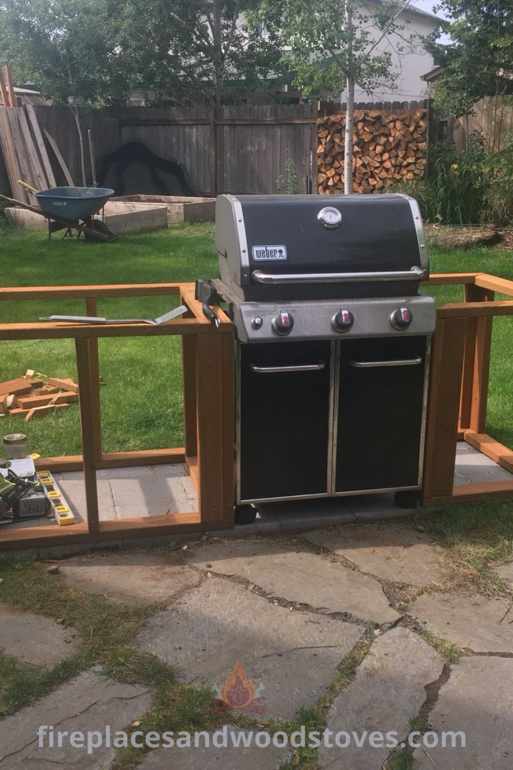 An outdoor BBQ grill in the middle of a yard, showcasing a freestanding BBQ area with stylish decor, ideal for creating an inviting patio and home cooking experience. Explore more outdoor gas grill built-ins and BBQ setup ideas at patioandhomefurniture.com.