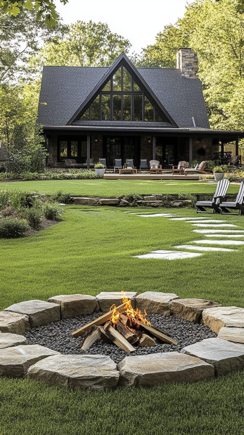 A large, circular fire pit with rough-hewn stones surrounded by green grass in front of an A-frame house, featuring outdoor seating areas for a cozy gathering.