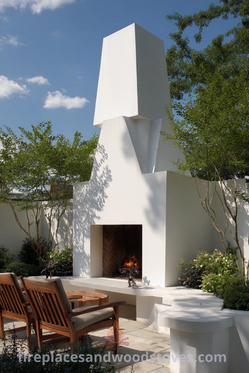 Modern minimalist outdoor fireplace surrounded by lush greenery, sleek design, and serene environment elements for a tranquil outdoor space.