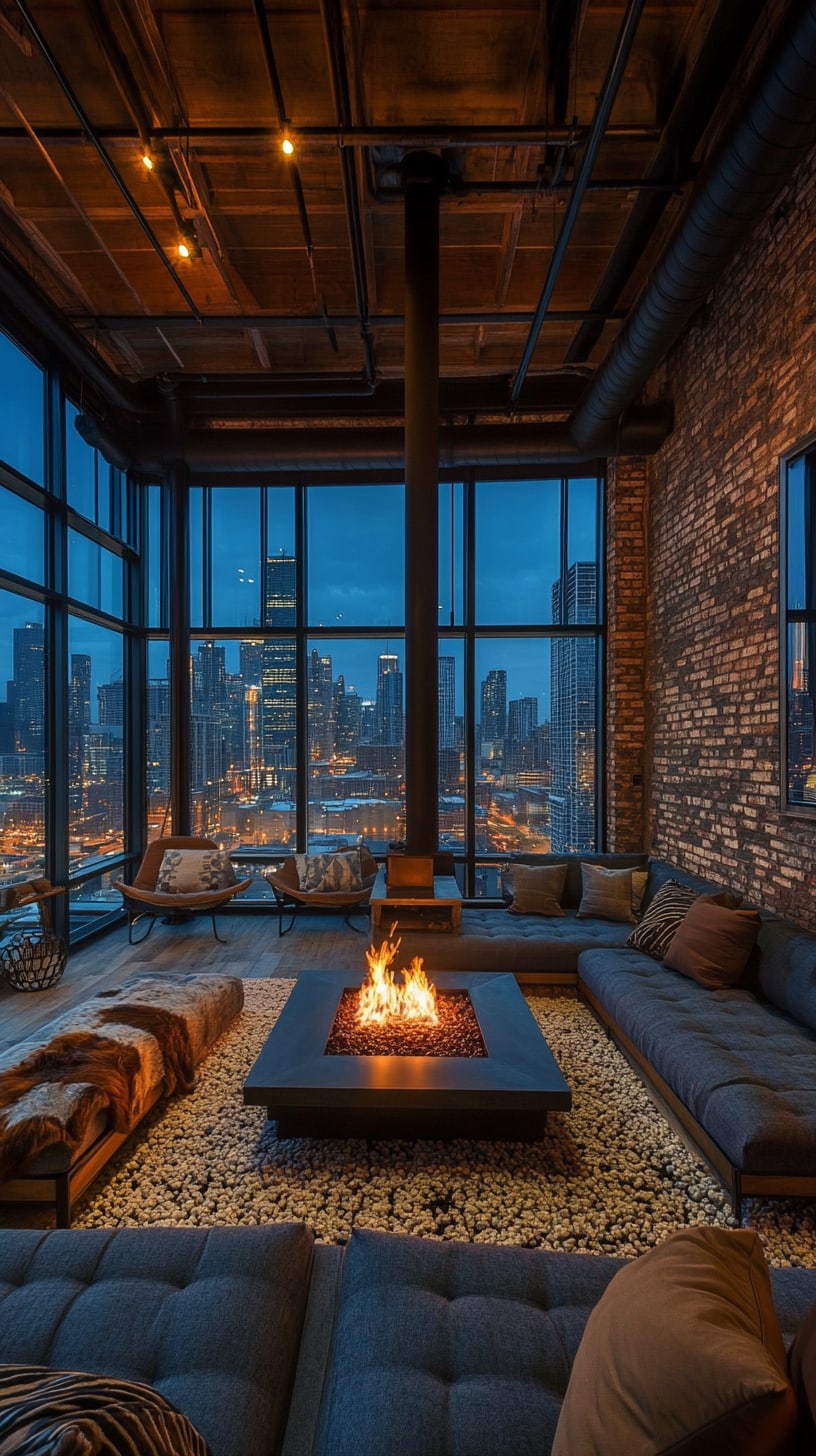 A cozy urban loft living room featuring plush velvet furniture and modern brick walls, with large windows showcasing a stunning city skyline view at night.