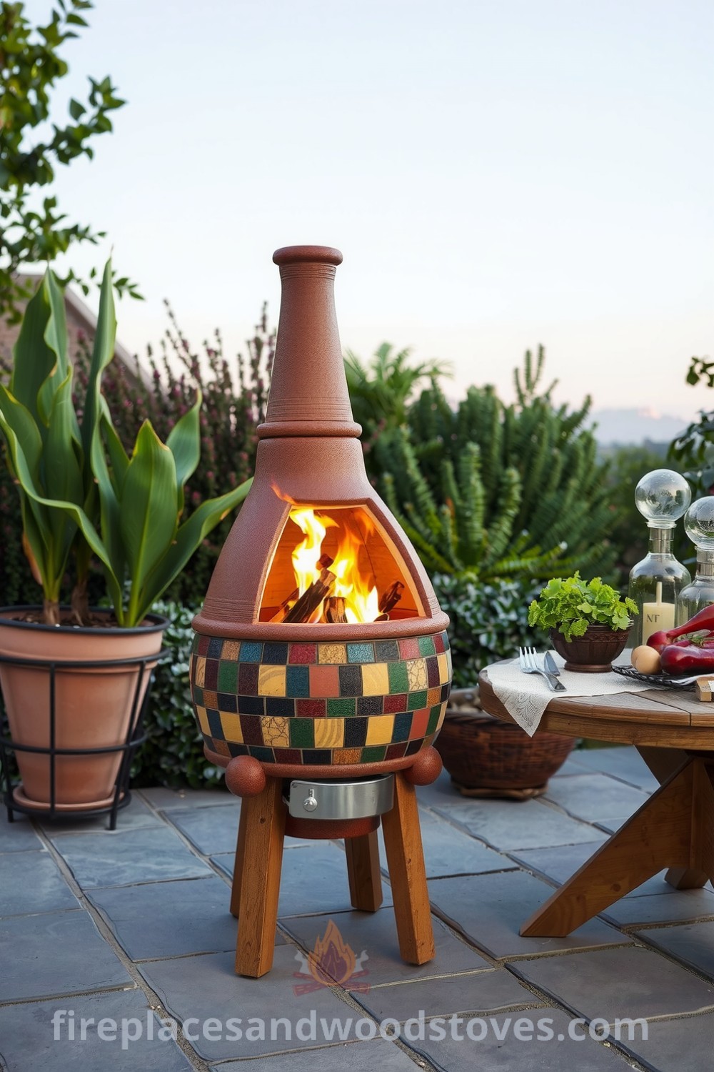 Bohemian outdoor barbecue on a stone patio with a clay firebox and flickering flames, surrounded by lush greenery and potted plants, featuring a wooden table with fresh ingredients, creating a cozy atmosphere for entertaining. Visit fireplacesandwoodstoves.com for unique design ideas.