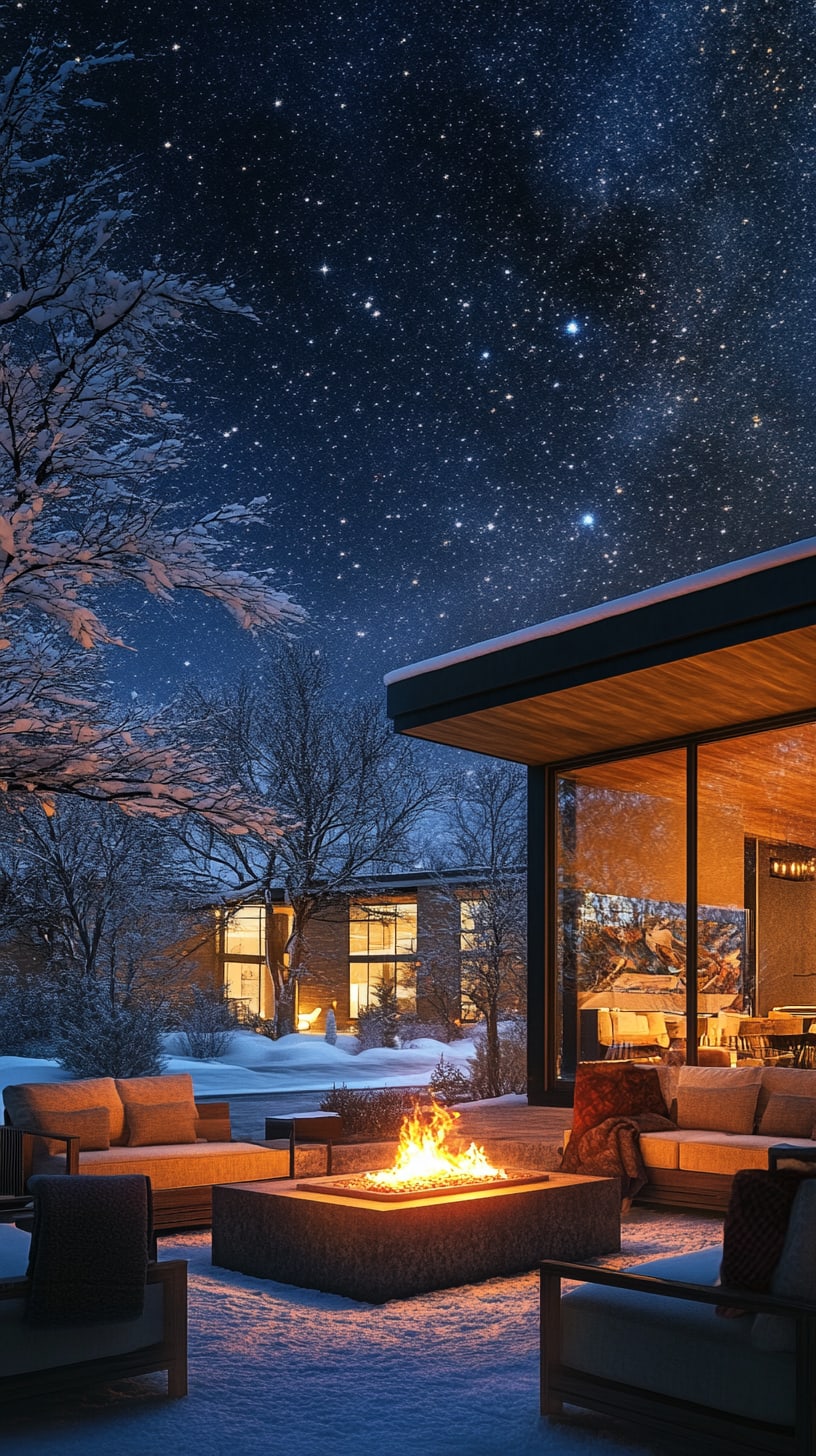 A modern house with glass walls, comfortable outdoor seating around a fire pit, and a starry night sky in a winter landscape.
