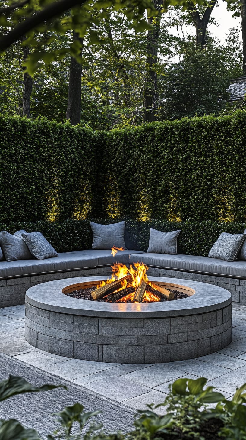 A round fire pit with polished granite seating surrounded by green hedges and trees, glowing warmly at night.