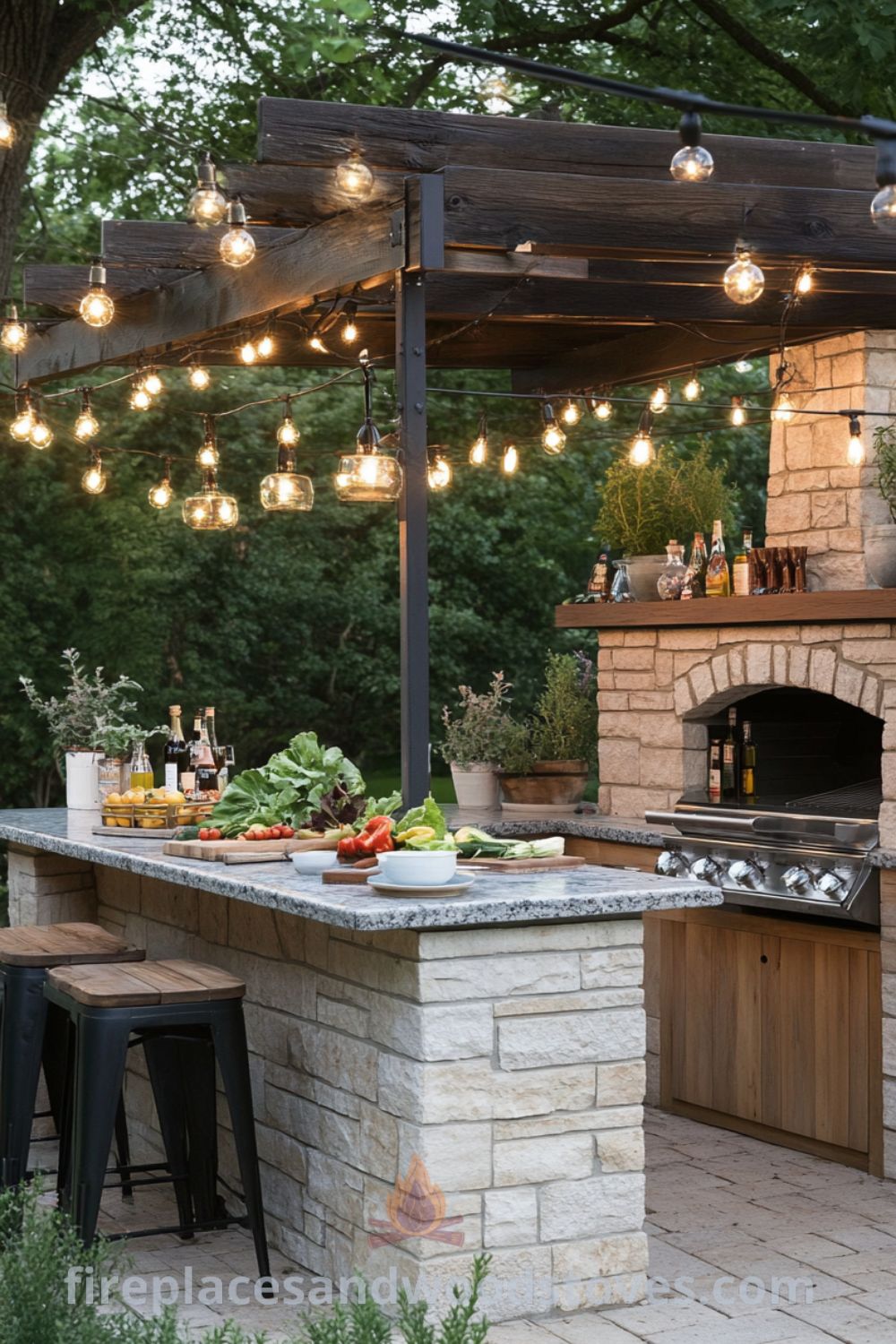 Outdoor kitchen with wood-burning fireplace showcased on fireplacesandwoodstoves.com, highlighting cozy ideas, inspiring designs, and decor inspirations for outdoor living spaces.