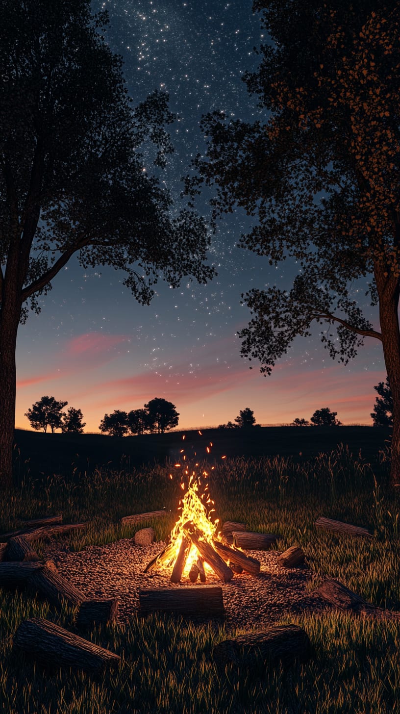 A campfire in a grassy field surrounded by trees under a starry night sky, creating a cozy and relaxing atmosphere.