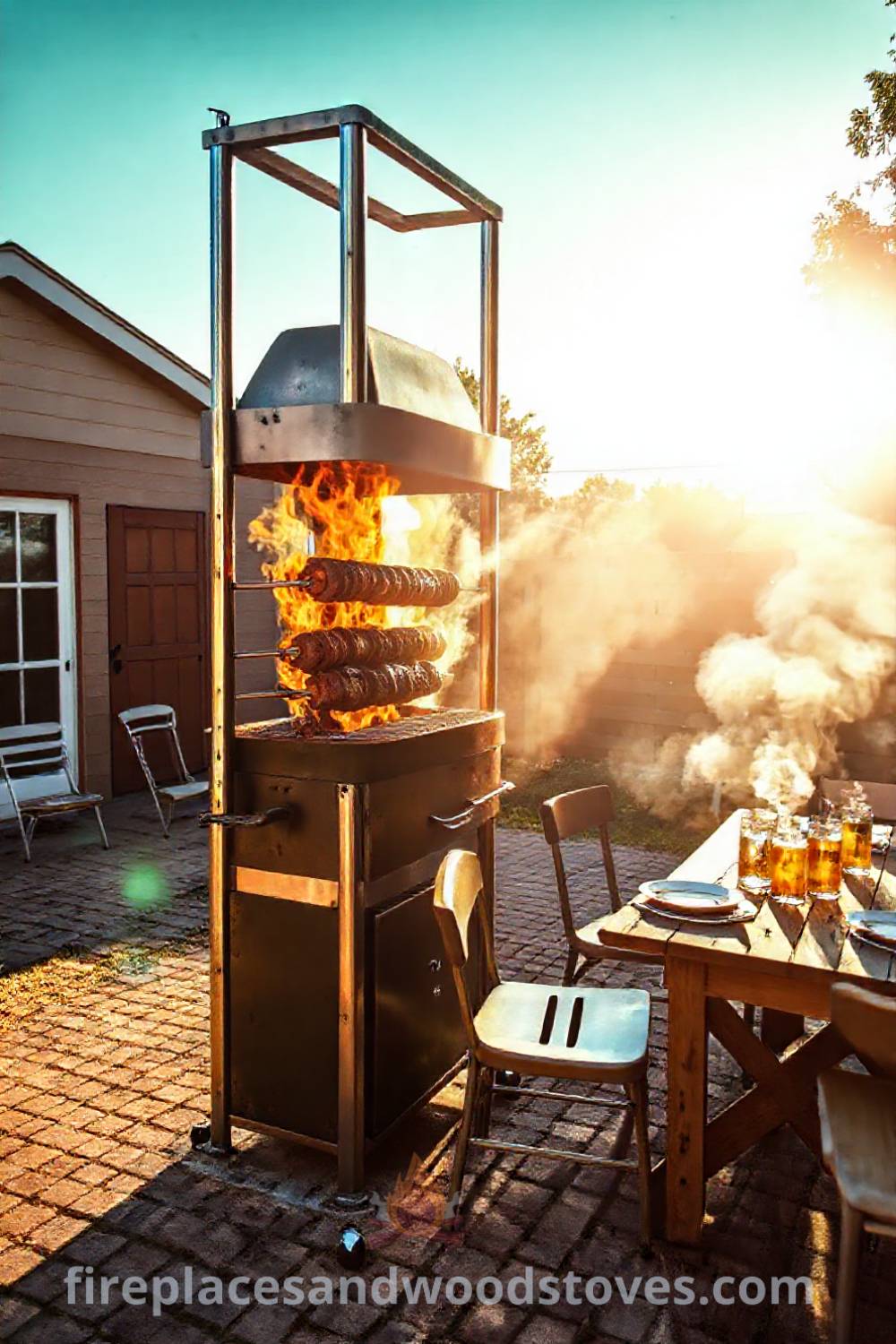 Spit BBQ in a sun-drenched backyard with a gleaming steel frame, sizzling meat, mismatched chairs, and a rustic wooden table ready for a feast, creating a cozy and inviting outdoor gathering space. Visit patioandhomefurniture.com for stylish outdoor design ideas that will wow your guests.