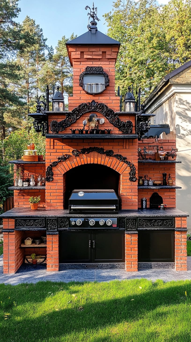 A beautiful outdoor kitchen made of red bricks with black trim, featuring a pizza oven and barbecue grill, set against a lush green lawn and trees in the background.