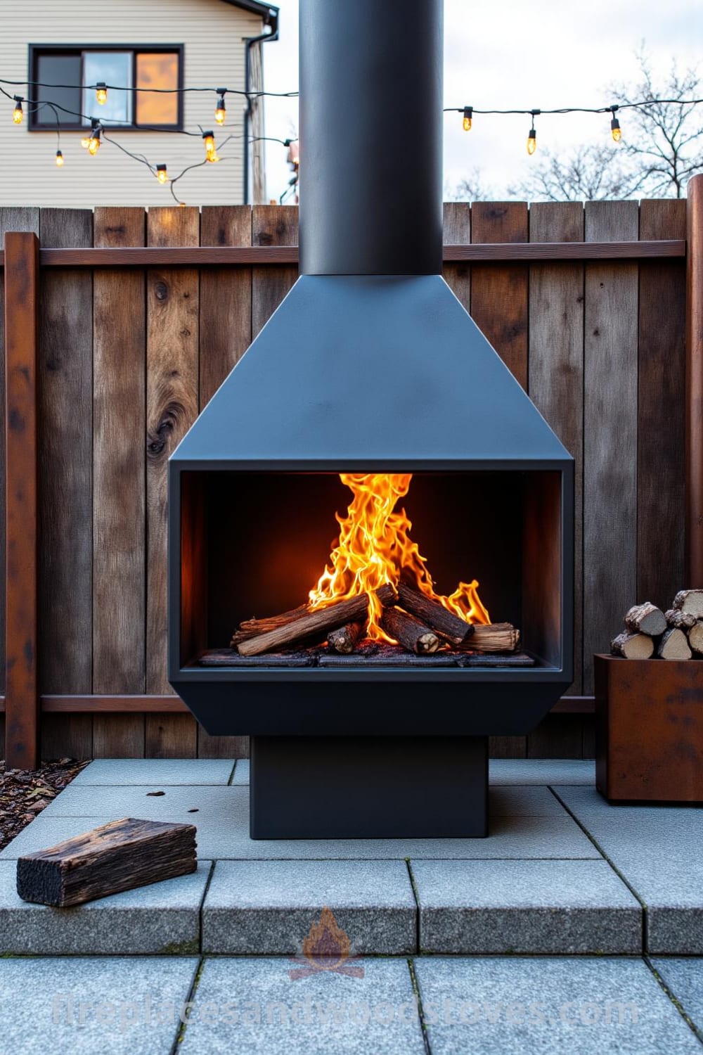 Industrial steel outdoor fireplace on a repurposed concrete patio with flames dancing inside the frame, surrounded by mismatched chairs, textured surfaces, and string lights, creating a cozy atmosphere. Visit fireplacesandwoodstoves.com for unique decor ideas and inspirations.