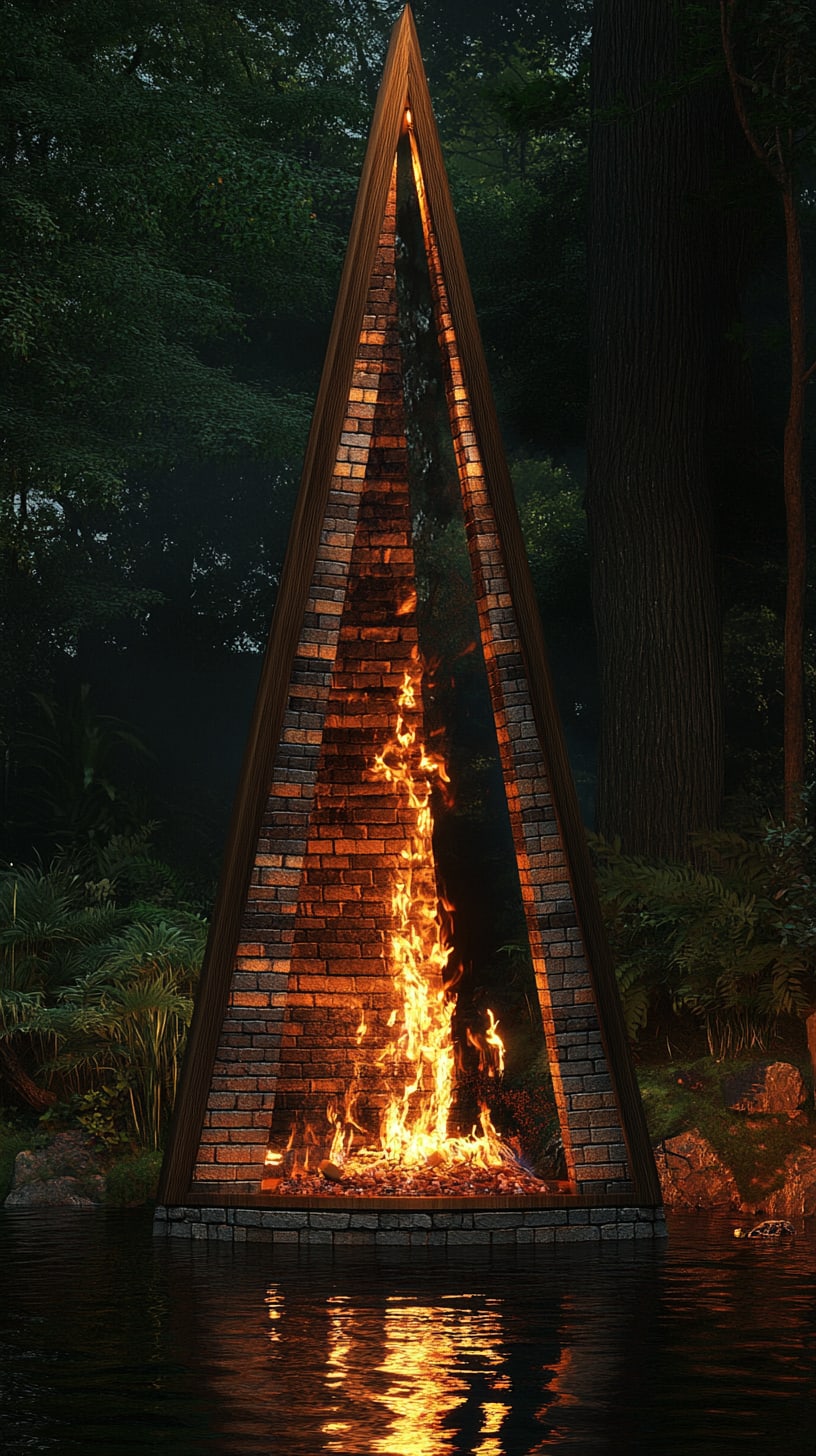 A triangular brick fireplace with flames, set in a forest by a lake at night, illuminated by soft lights.