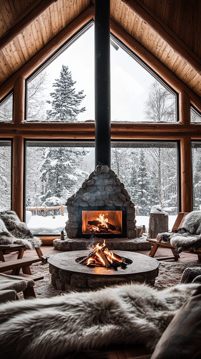 A warm and inviting cabin interior with a large fireplace, plush fur chairs, and panoramic windows showcasing a snowy forest landscape outside.