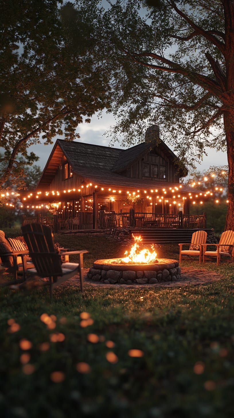 A rustic outdoor scene featuring a fire pit surrounded by wooden chairs and string lights, creating a cozy atmosphere for evening gatherings.