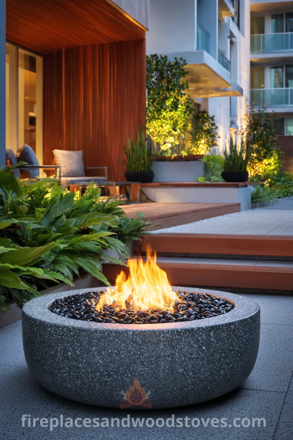 Modern fire pit in sleek patio with lush greenery, featuring round fire pit sleek and contemporary fire pit elements for a tranquil outdoor space.