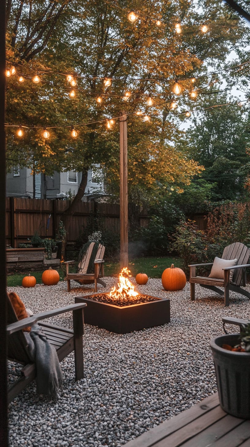A cozy backyard scene featuring a fire pit surrounded by wooden chairs, string lights overhead, and scattered pumpkins, set in a pebbled gravel area amidst autumn foliage.