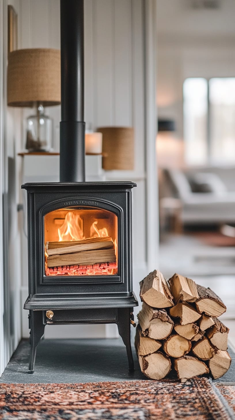 A modern wood stove with firewood in a cozy Scandinavian-style living room, illuminated by natural light from a window.