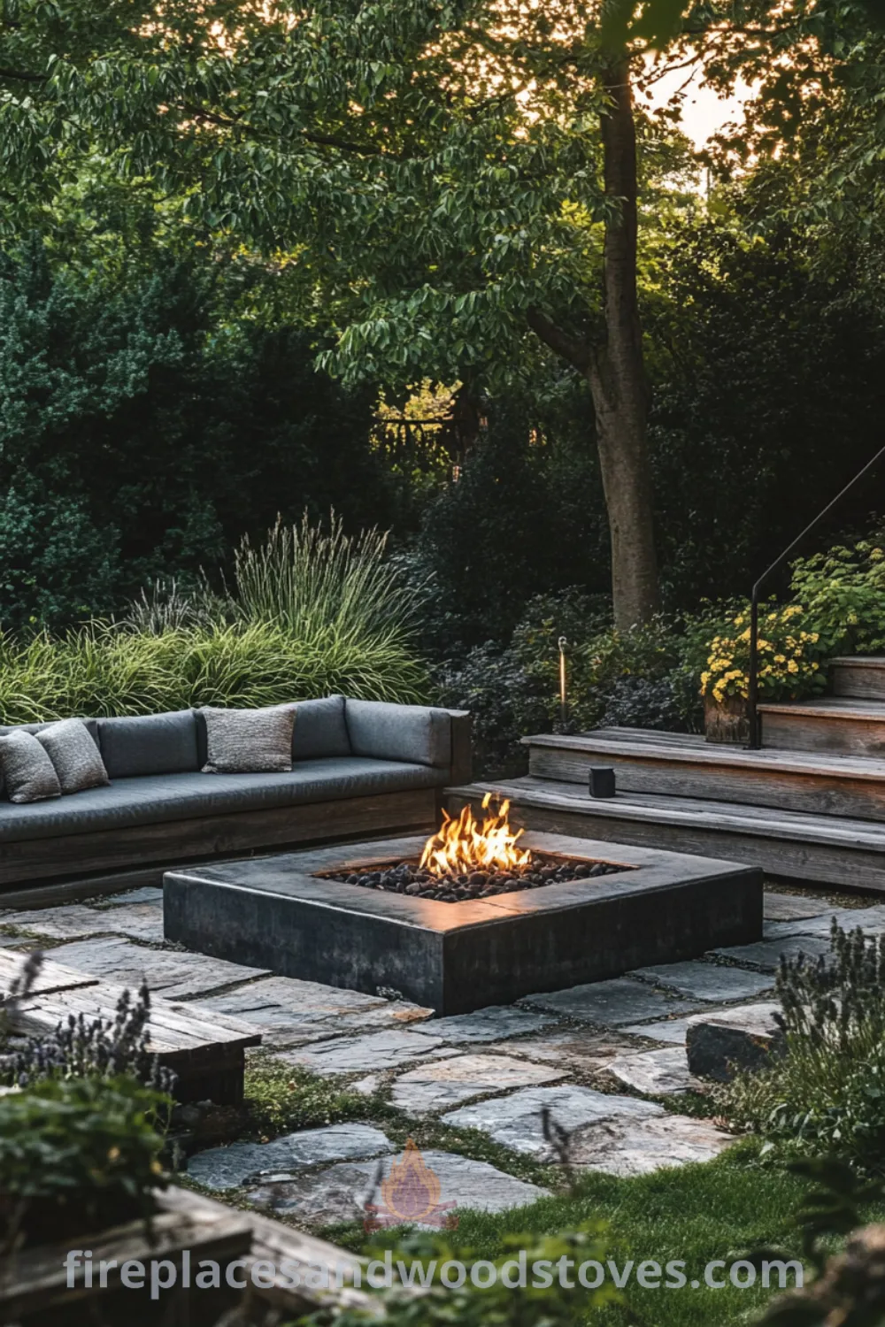 Outdoor fire pit area on fireplacesandwoodstoves.com, featuring cozy designs with sunken seating, outdoor decor, and fire pit ideas for a charming backyard living experience.