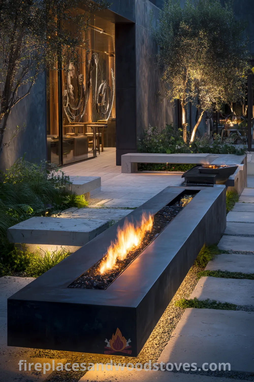 Sophisticated outdoor space featuring modern luxury fire pit, clean line luxury fire pit, minimalist landscaping, and opulent outdoor fire feature.