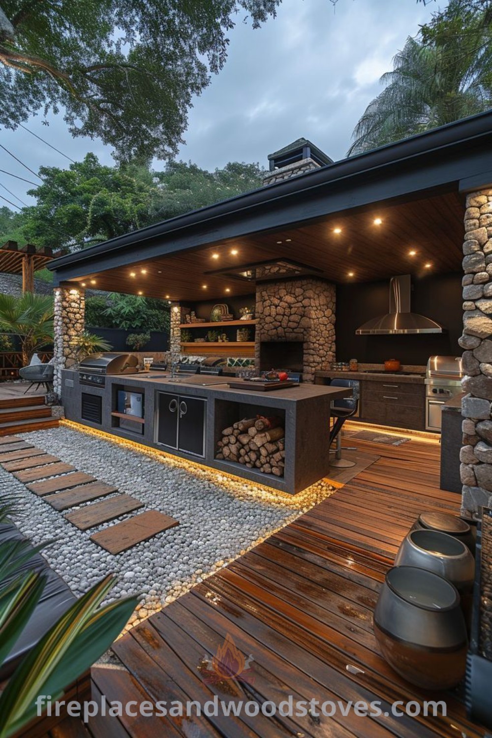 An outdoor kitchen featuring wood flooring next to a stone wall and grill area, showcasing stylish and functional designs for a cozy outdoor living space. Discover outdoor kitchen ideas that will transform your backyard at patioandhomefurniture.com.