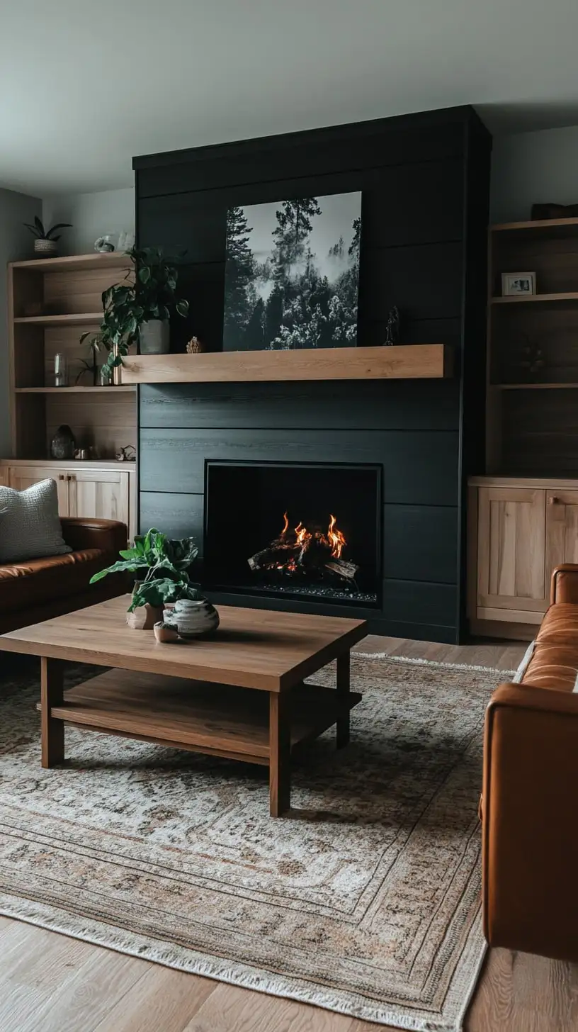 A cozy modern farmhouse living room featuring a dark shiplap fireplace wall, leather couches, and a wooden coffee table, surrounded by warm wood tones and greenery.