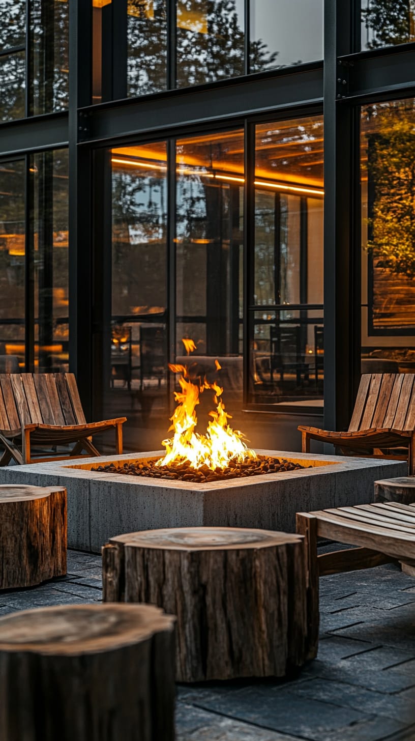 A modern outdoor fire pit area surrounded by rustic wooden chairs and tree stump tables, featuring a backdrop of large glass windows from a contemporary hotel.