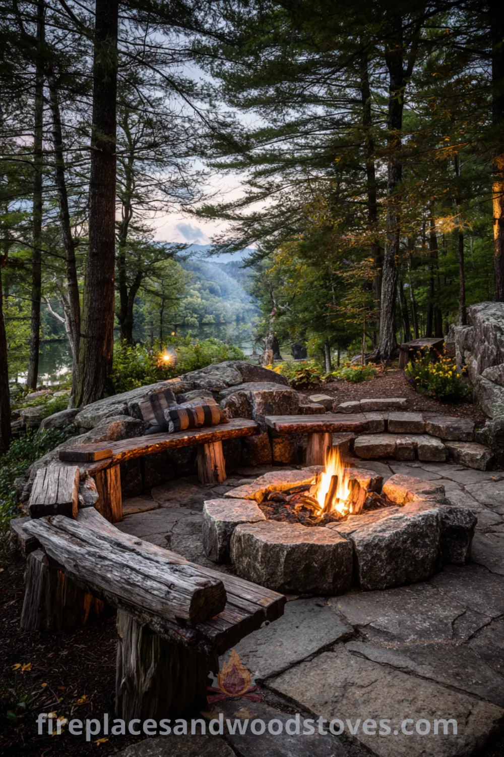 Rustic fire pit surrounded by timber log seating and natural stone in a serene outdoor setting with wilderness charm.