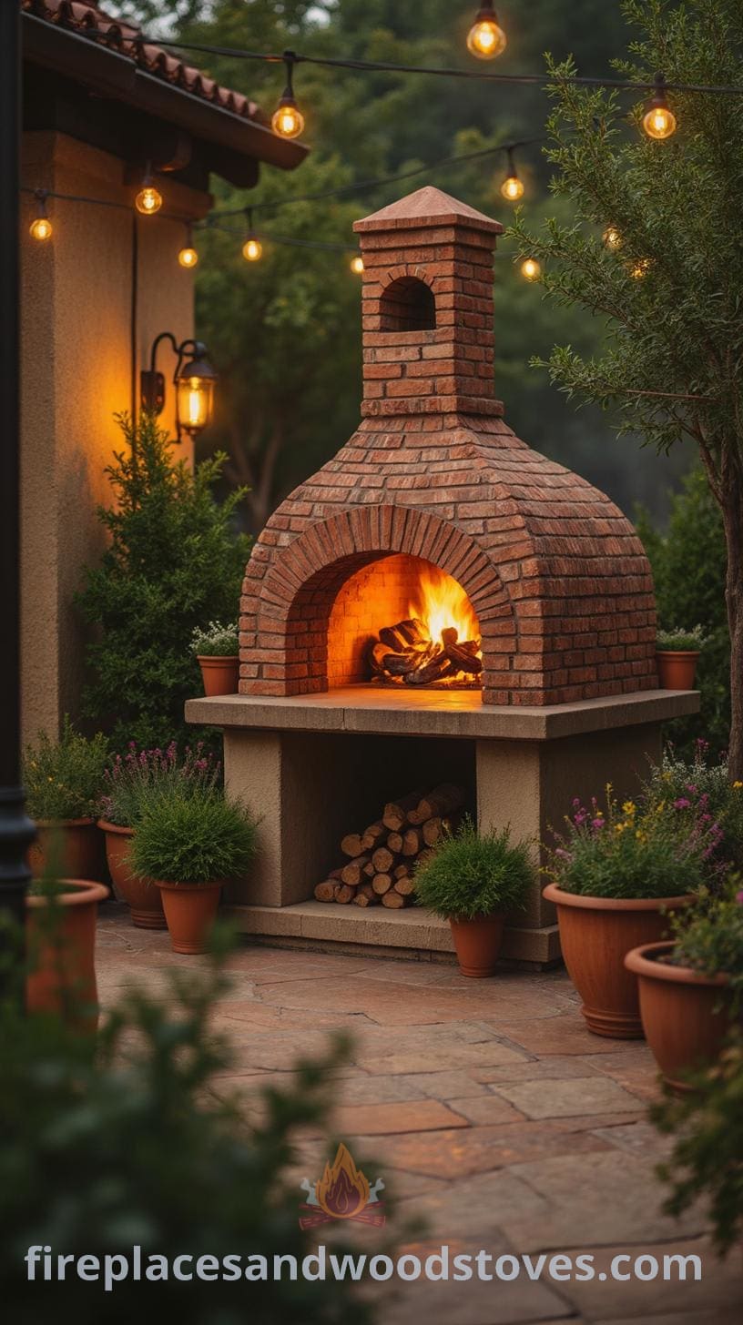 A traditional brick pizza oven surrounded by terracotta pots of herbs and plants, elegantly illuminated by string lights, set in a cozy outdoor space.