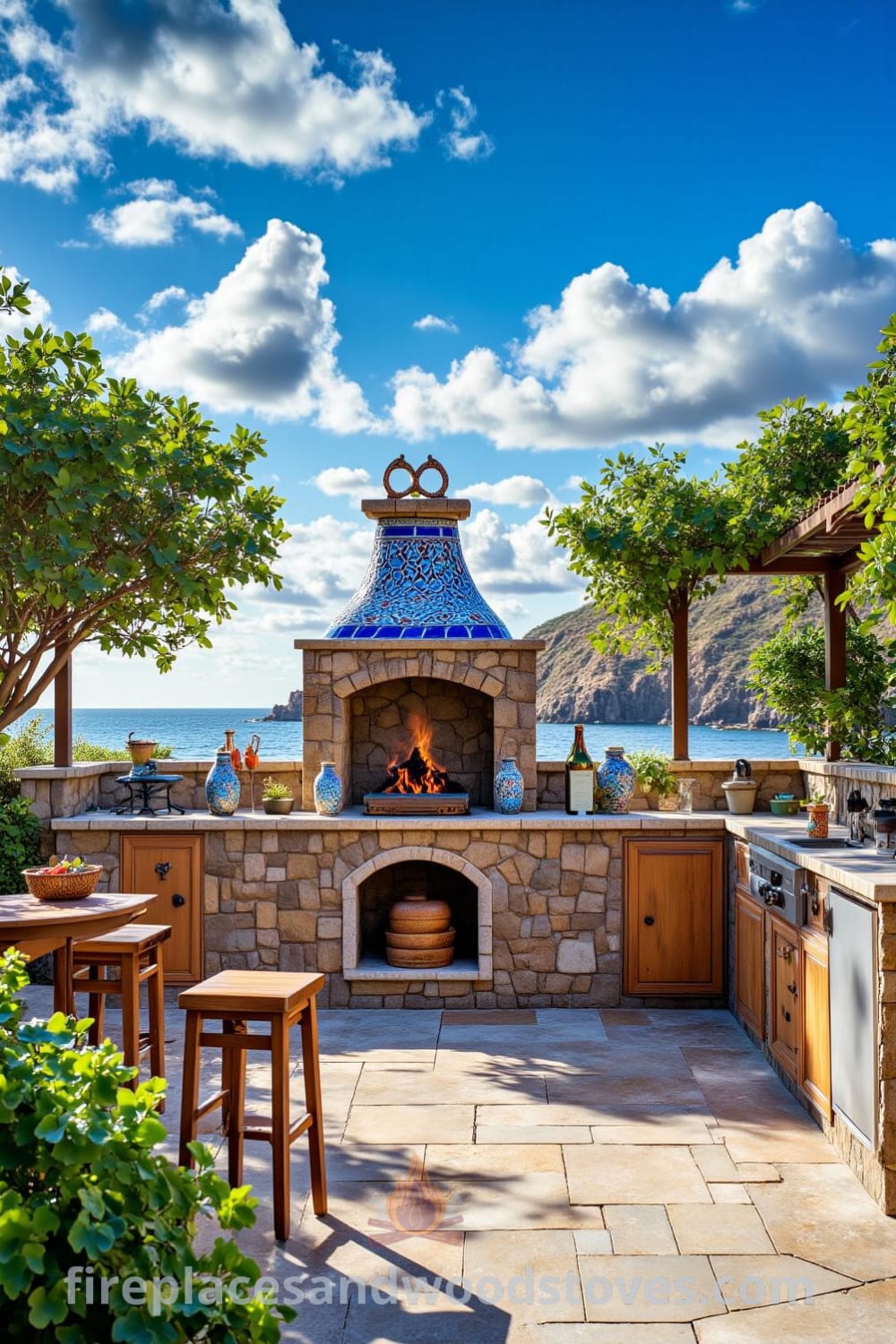 Mediterranean tile outdoor barbecue under a bright blue sky, featuring colorful ceramics, warm flames, and a weathered stone patio surrounded by lush greenery, creating a welcoming outdoor space for gatherings and culinary adventures. Visit fireplacesandwoodstoves.com for cozy ideas and decor inspirations.