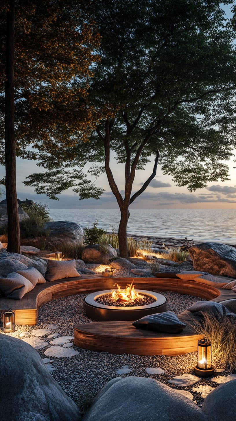 A cozy outdoor seating area with a wood-fired pit surrounded by trees and boulders on the shore, illuminated by warm lanterns during sunset.