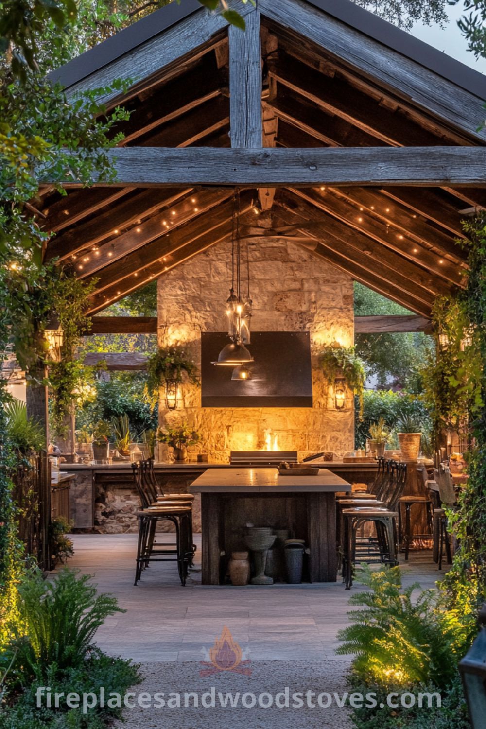 Covered patio kitchen featuring a grilling area and rustic decor on fireplacesandwoodstoves.com, showcasing outdoor cooking ideas, cozy inspirations, and modern outdoor living designs.