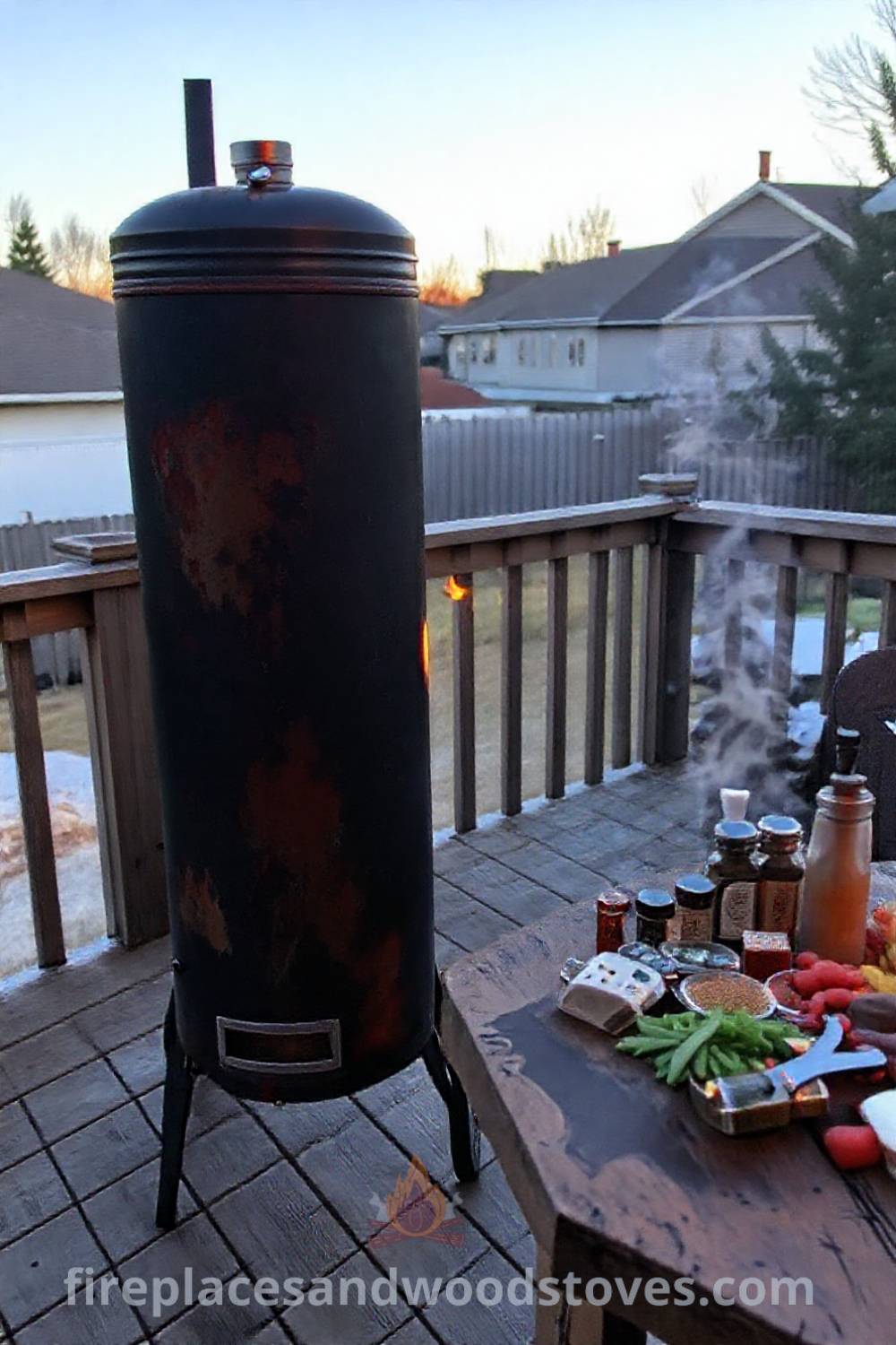 Tall vertical smoker barbecue on a wooden deck with a rustic table of seasonings and fresh ingredients, creating a cozy outdoor atmosphere perfect for flavorful gatherings. Visit patioandhomefurniture.com for incredible ideas that will wow your guests.