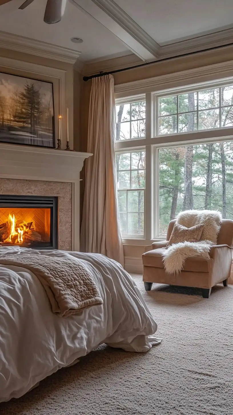 A master bedroom featuring a fireplace, large windows overlooking a forest, cream-colored carpet, beige walls, and a cozy chair, creating a warm and inviting atmosphere.