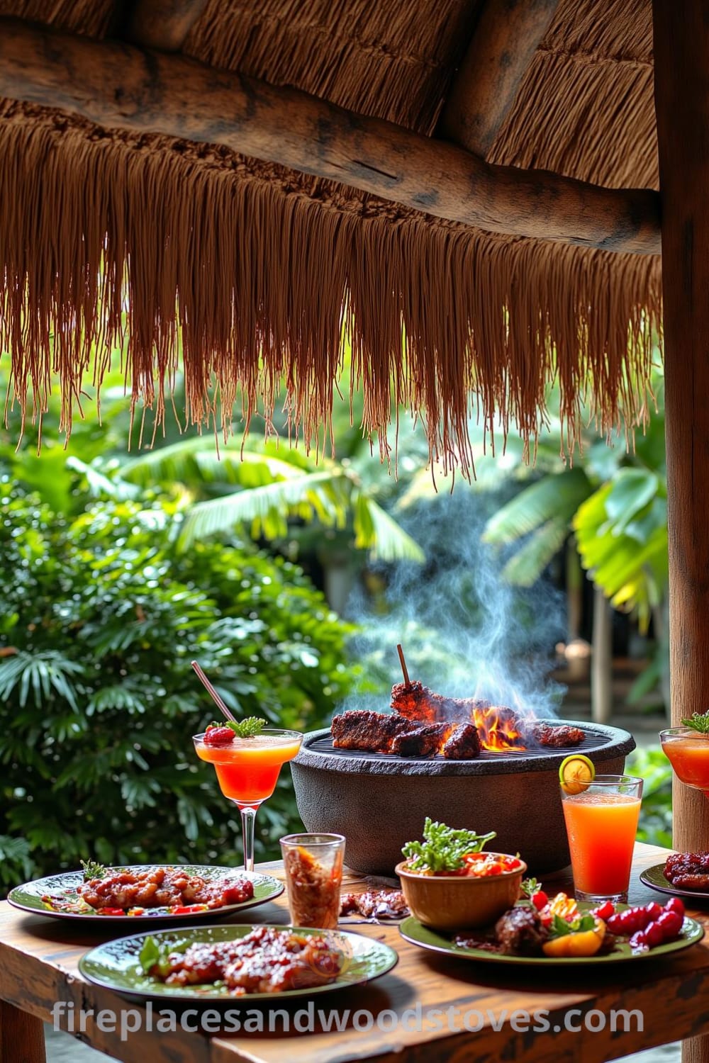 Tropical tiki outdoor barbecue under a palm-thatched roof, featuring a warm glow from smoldering logs, colorful plates, and tropical drinks, providing cozy design ideas for your home at fireplacesandwoodstoves.com.