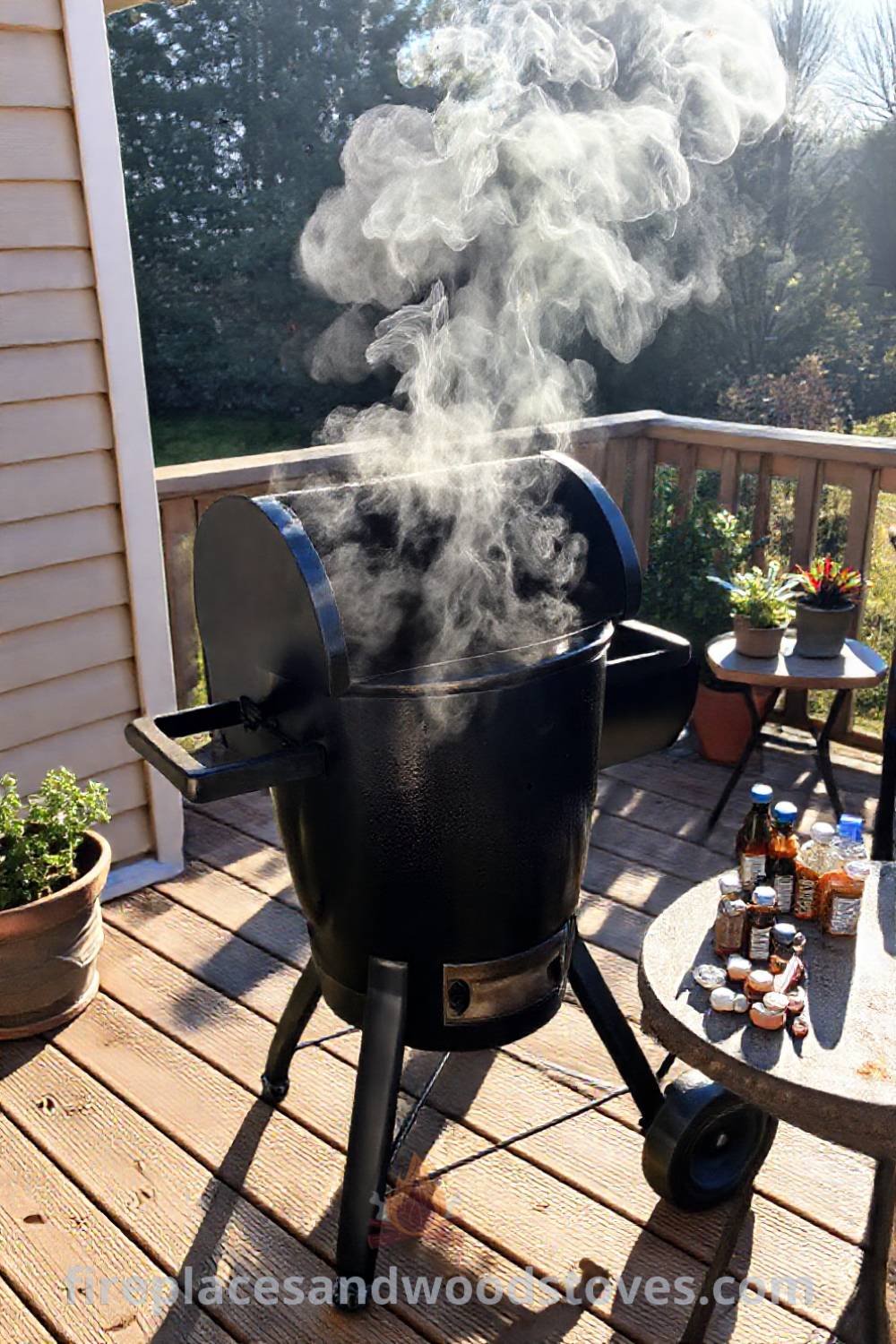 Sturdy barbecue smoker on a wooden deck with potted herbs and a table of marinades, creating a cozy and inviting outdoor cooking space perfect for gatherings. Visit patioandhomefurniture.com for incredible ideas transforming your backyard.